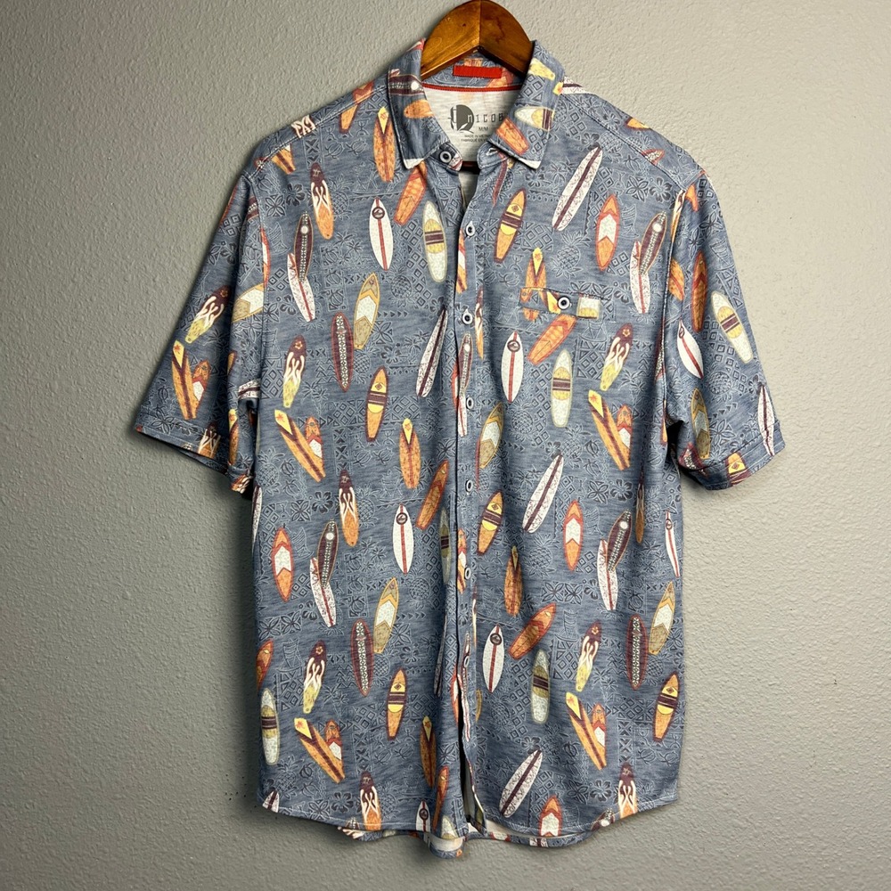 Nicoby Surfboard Novelty Print Button Up Shirt Short‎ Sleeve Vacation Medium M